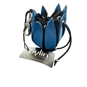 bylin Coin Purse My Little Tulip Leather Blue Drawstring Pouch Flower Clasp NWT